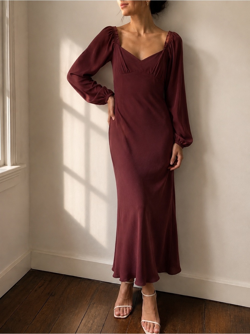 Lush Burgundy Maxi Dress Size S | Romantic Long Sleeve Wedding Guest Dress 🍷✨